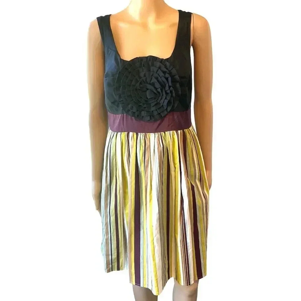 Anthropologie Burlapp Boutonniere Women's M Black Silk Rosette Flare Dress - Picture 1 of 8